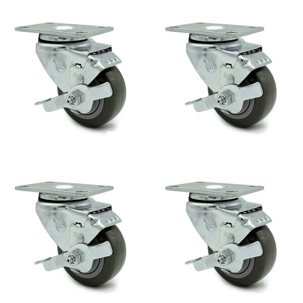 3 Inch Gray Polyurethane Wheel Swivel Top Plate Caster Set with Brake SCC